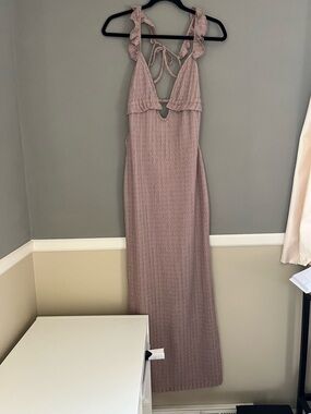 NWT PrettyLittleThing Blush Pink Maxi Dress Ruffle Tie Back Boho Open Knit 8